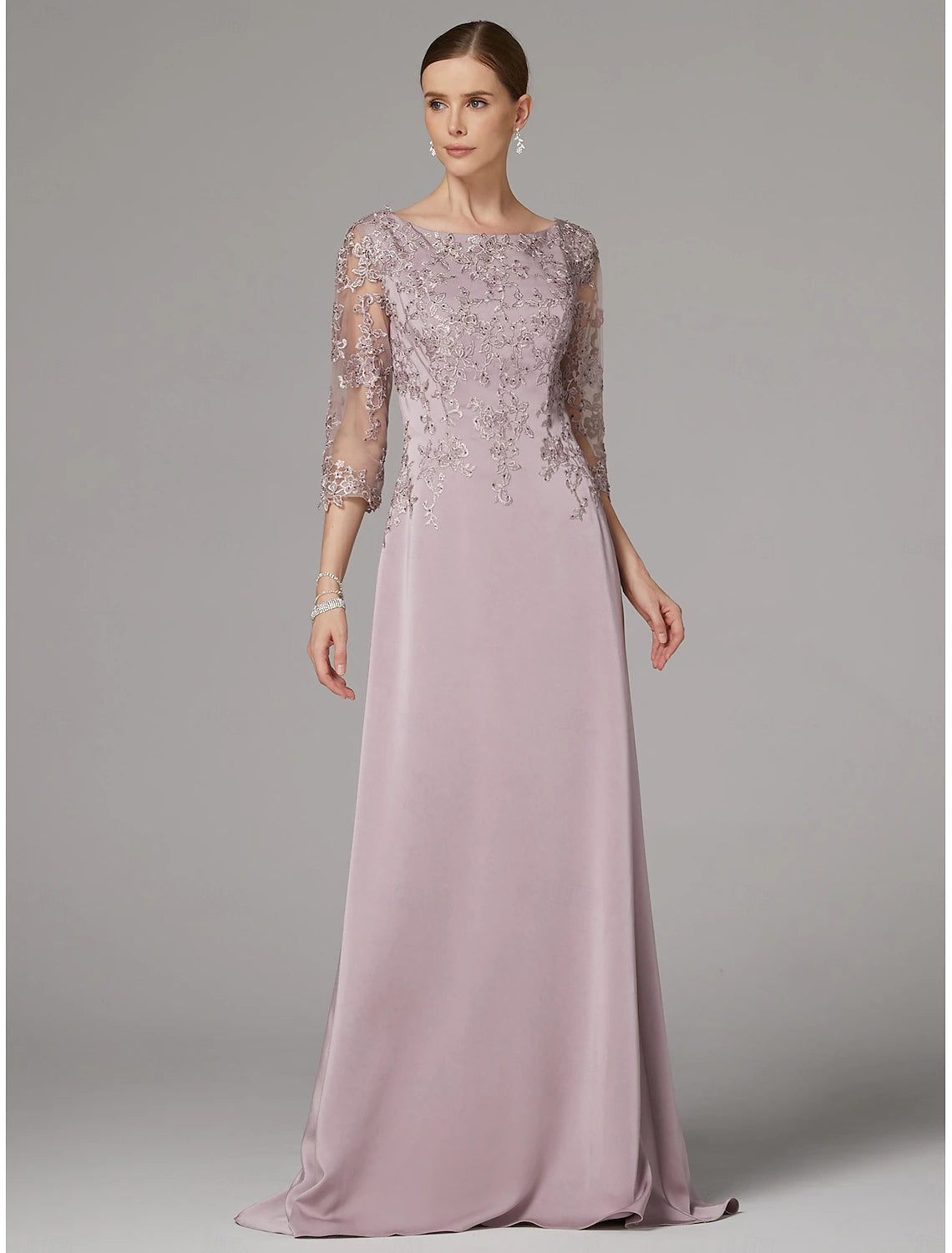 Buyishang Sheath Dress Mother of the Bride Dress Elegant Bateau Neck Floor Length Satin 3/4 Length Sleeve with Lace Appliques